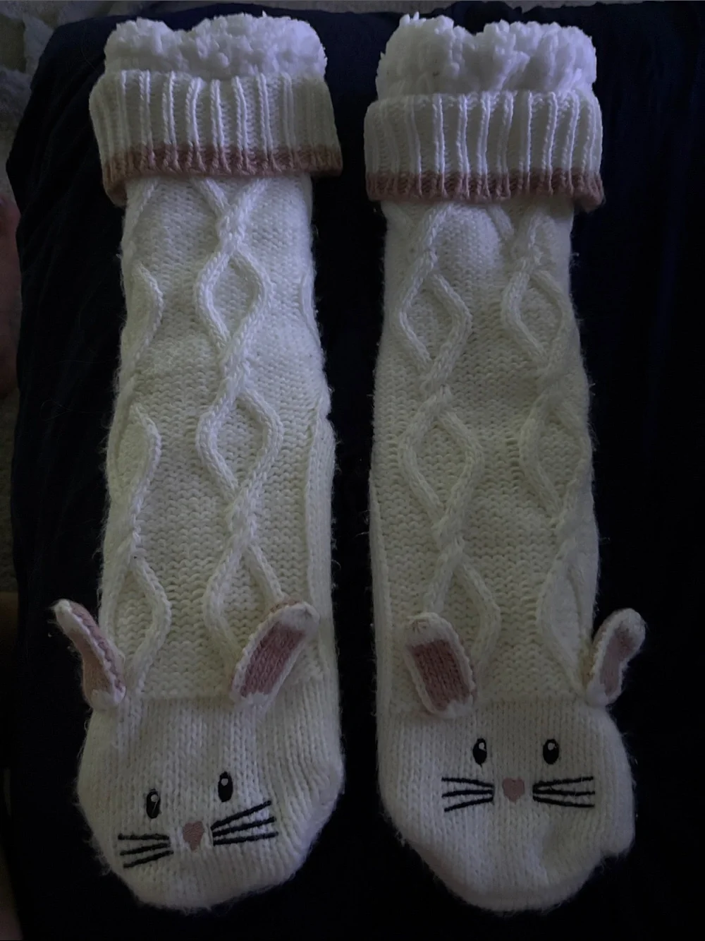 Cream Knit Cat Face Pet Socks with Bunny Ears